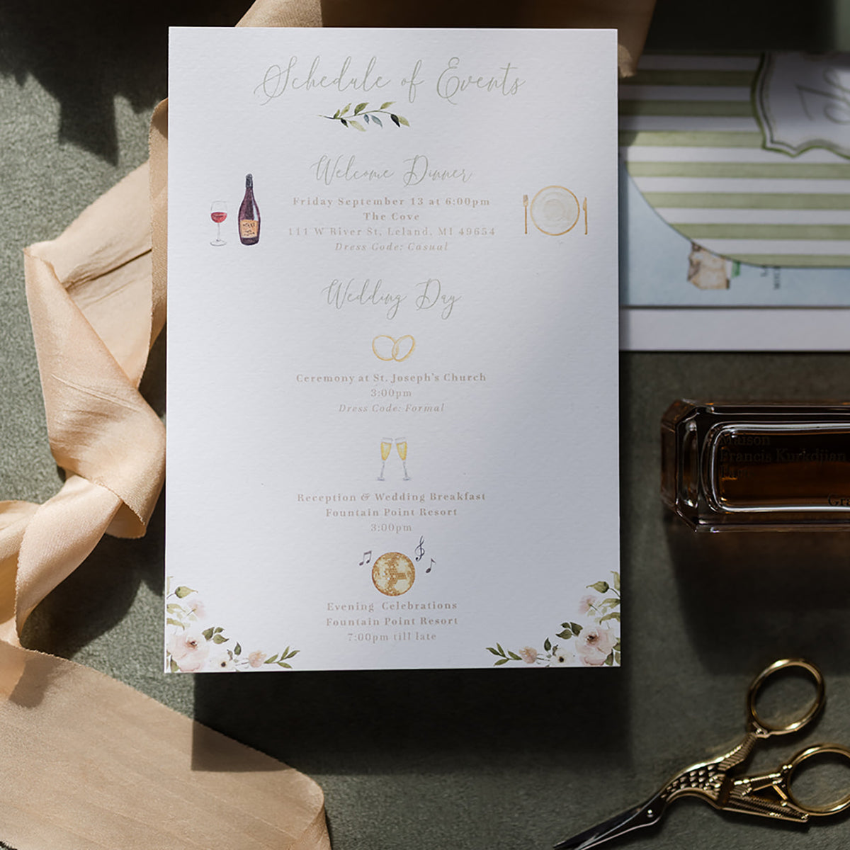 Wedding schedule of events order of events with pale pink florals and custom wedding illustrations